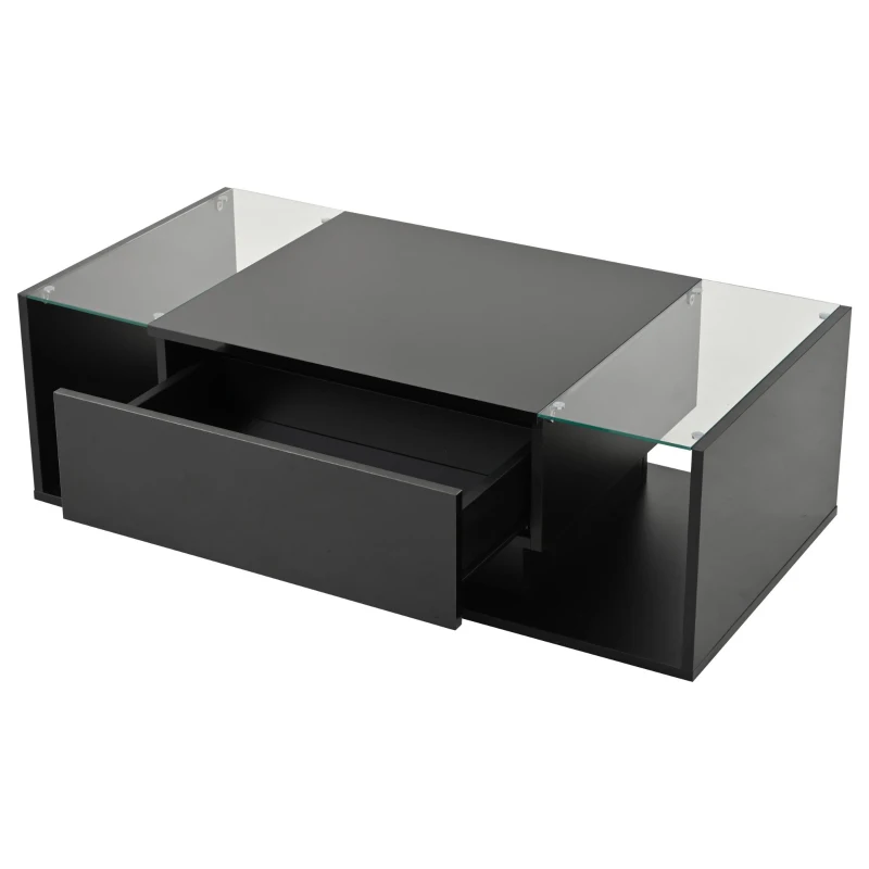 High-Gloss Coffee Table with Tempered Glass Storage, Compact Center Table with Semi-Open Shelf, 39.5″ L x 19.5″ W x 12″ H, Black