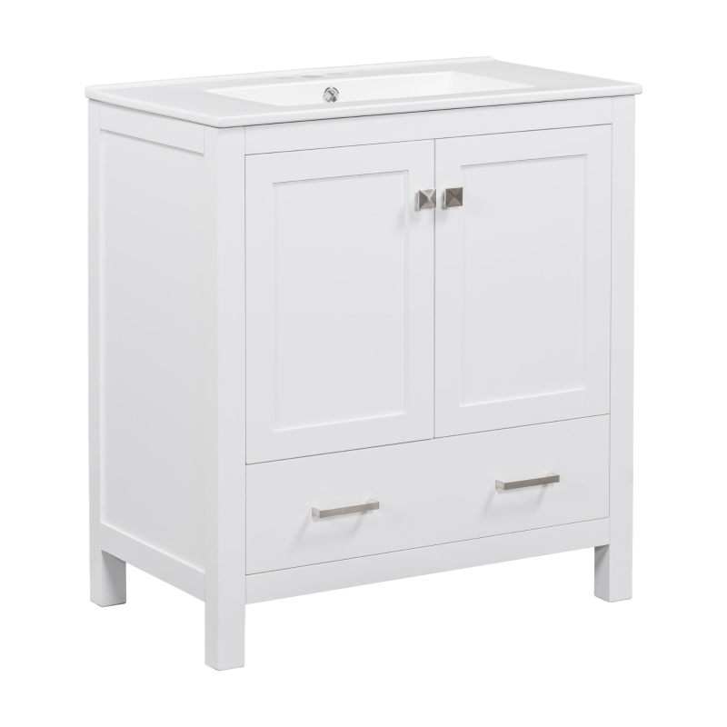 30" Bathroom Vanity with Single Sink, Solid Wood Frame, Multifunctional Storage Cabinet with Soft-Close Doors, 30" L x 18.5" W x 34" H, White