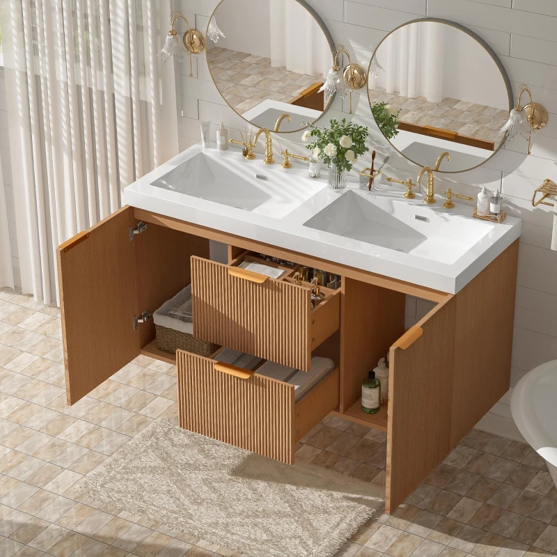 Double Sink Bathroom Vanity with Soft-Close Doors, Wall-Mounted Floating Cabinet with Divided Drawers, 47'' L x 19.5'' W x 23.5'' H, Wood