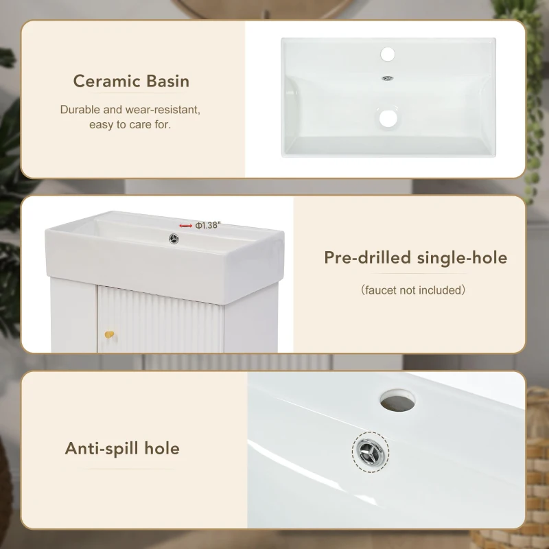 Modern Floating Bathroom Vanity with Ceramic Basin and Side Storage, Cabinet with Rose Gold Handle, 21.5" L x 12" W x 26.5" H, White