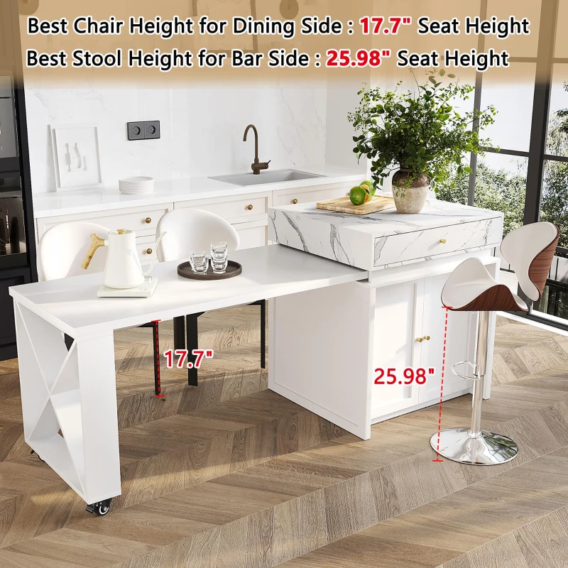 Modern Bar Table with 4-in-1 Extendable Pull-Out Table and Lockable Wheels, Kitchen Island with Adjustable Shelf, 82.5" L x 32.5" W x 28" H, White