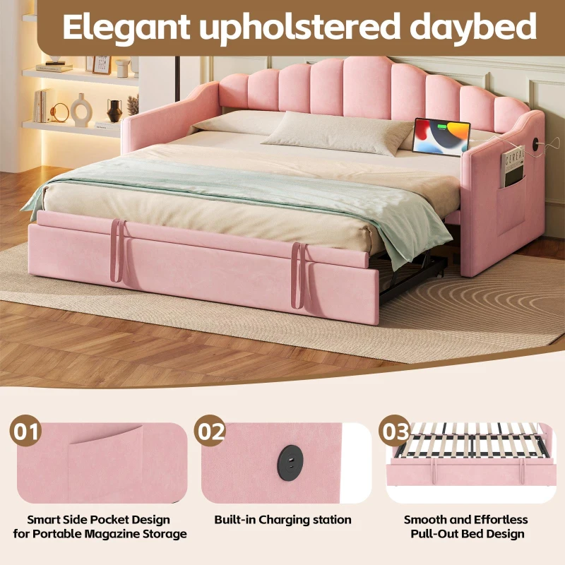 Twin-Size Upholstered Daybed with Height-Adjustable Pop-Up Trundle, Space-Saving Trundle Bed with 2 Side Pockets, 82.5'' L x 41'' W x 40'' H, Pink
