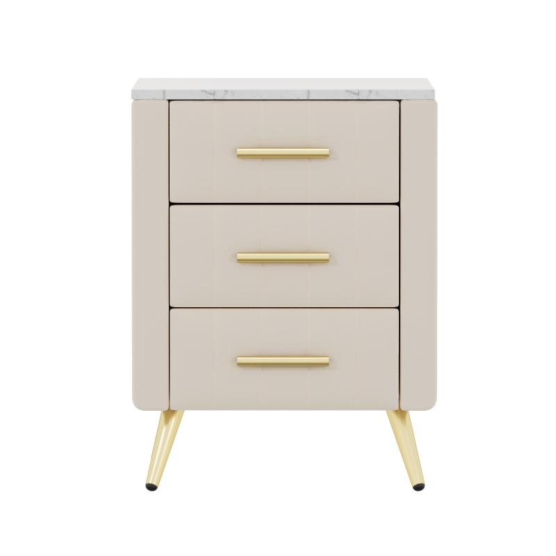 Upholstered Nightstand with 3 Drawers, Marble-Effect Top and Metal Legs, Beige Beside Table with Plywood Frame, 16.5'' L x 16.5'' W x 22'' H, Beige