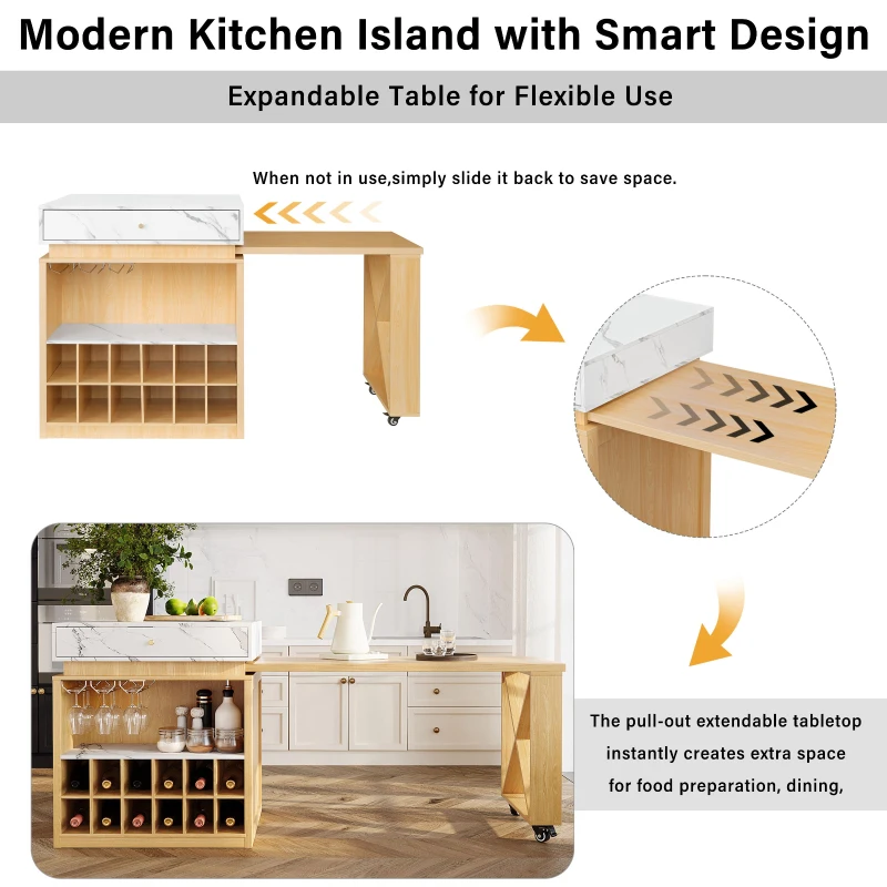 Modern Bar Table with 4-in-1 Extendable Pull-Out Table and Lockable Wheels, Kitchen Island with Adjustable Shelf, 82.5" L x 32.5" W x 28" H, White