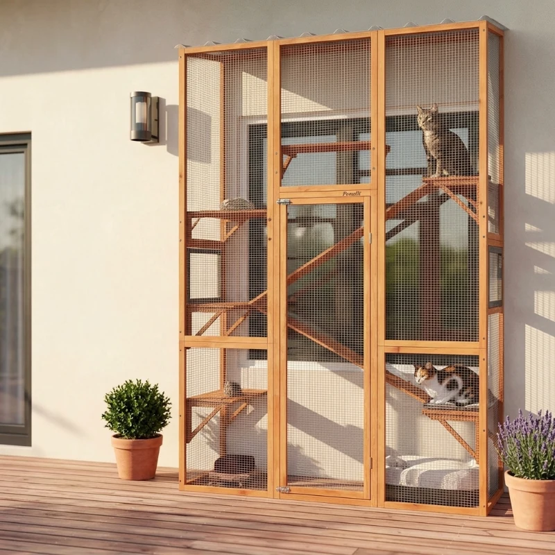 PawHut Outdoor Catio Cat Enclosure, Large Wooden Cat House with 6 Jumping Platforms, Scratching Post, 2 Ramps, for 2-3 Kittens