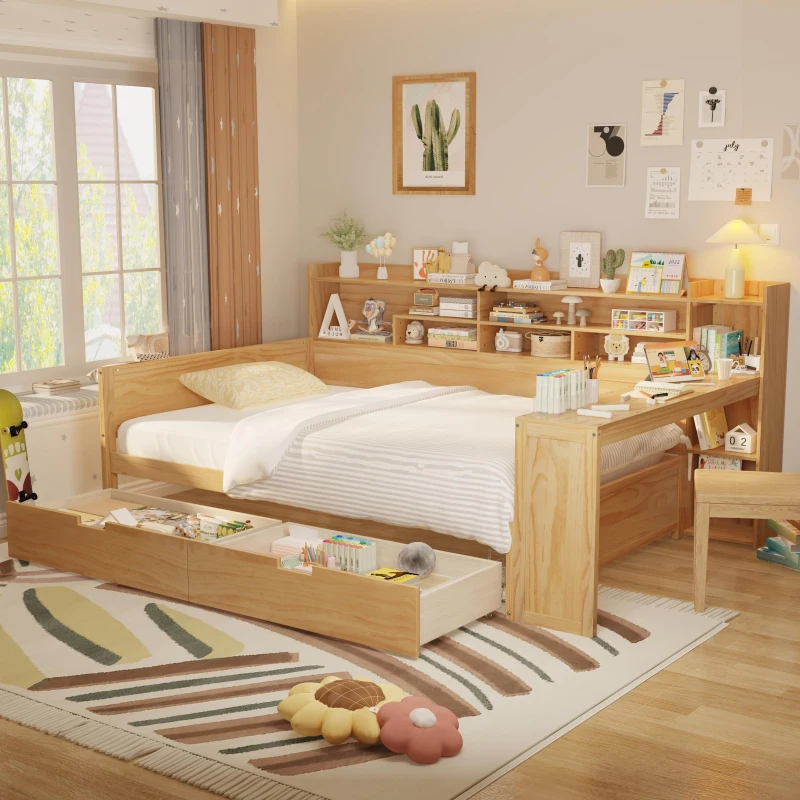 Wooden Full Size Daybed with Built-In Study Desk and 2 Storage Drawers, Space-Saving Guest Bed with Side Shelving, 91.5'' L x 65'' W x 45'' H, Natural