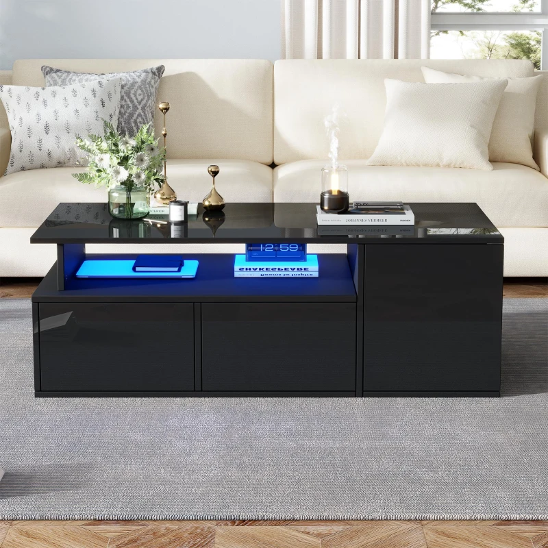 High-Gloss LED Coffee Table with App-Controlled Colour Light Strip, Functional Center Table with Open Storage, 39.5" L x 19.5" W x 13.5" H, Black