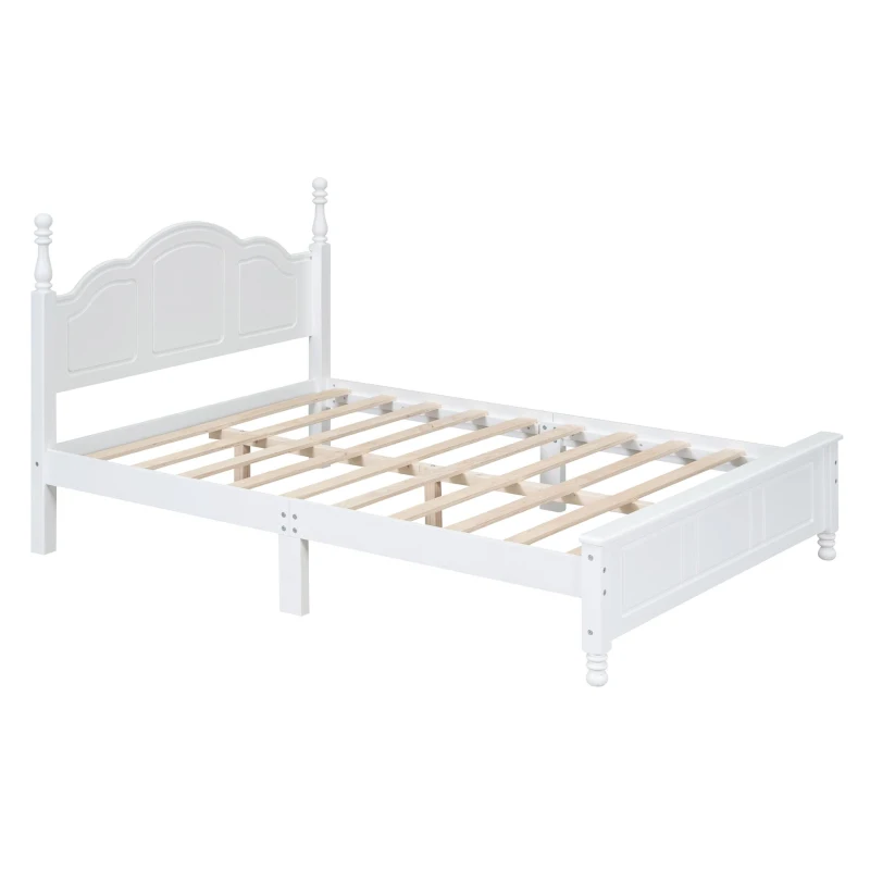 Full Size Wood Platform Bed with Wood-Finished Headboard, Retro-Style Bed Frame for Modern Condos, 80'' L x 56'' W x 43.5'' H, White