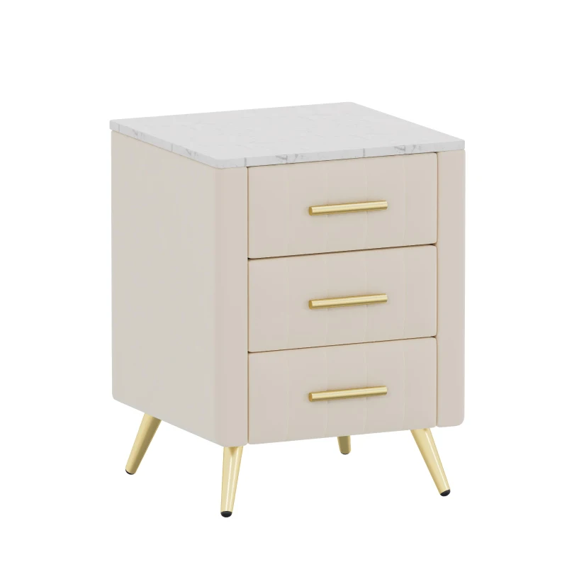 Upholstered Nightstand with 3 Drawers, Marble-Effect Top and Metal Legs, Beige Beside Table with Plywood Frame, 16.5'' L x 16.5'' W x 22'' H, Beige