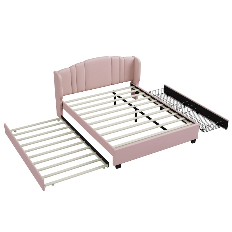 Upholstered Platform Bed with Wingback Headboard and Twin Trundle, Queen Size Bed Frame with Wooden Slat System, 86'' L x 65'' W x 43'' H, Pink