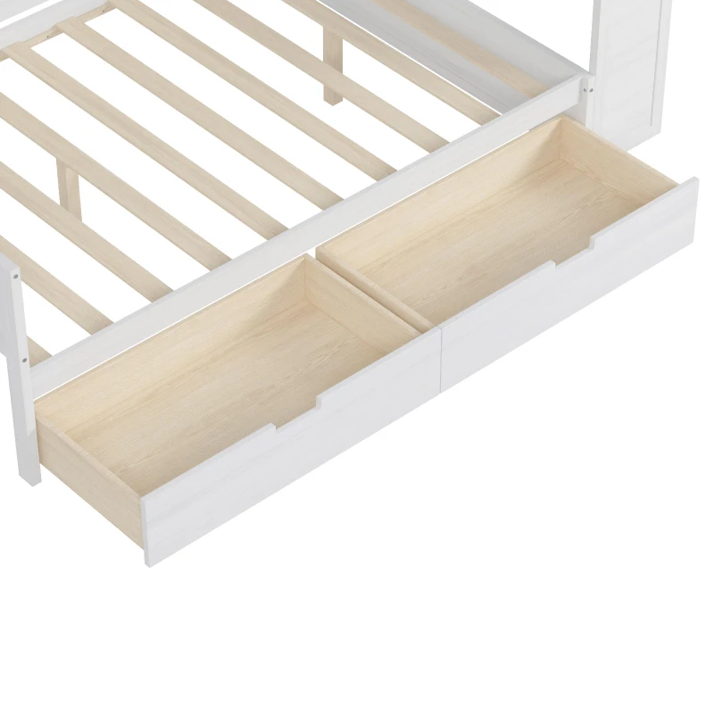Full Size Daybed with 2 Large Drawers and Built-In Study Desk, Space-Saving Guest Bed with Side Storage Shelves, 91.5'' L x 65'' W x 45'' H, Antique White