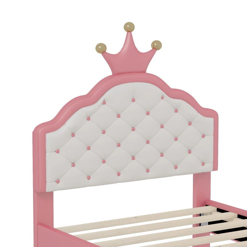 Twin Princess Platform Bed with Crown-Shaped Tufted Headboard, Crown Fantasy Bed Frame with Plywood Frame, 77.5'' L x 41'' W x 48.5'' H, Pink