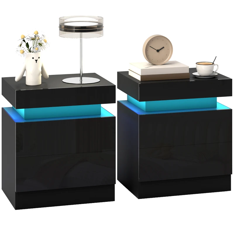 HOMCOM Nightstand Set of 2, End Side Tables with LED Lights, Bedside Tables with 2 Drawers, for Bedroom, Black