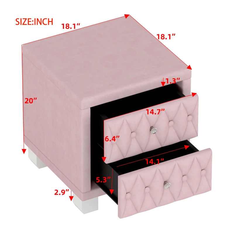 Elegant Velvet Nightstand with 2 Drawers and Crystal Handles, Soft Pink Beside Table with MDF and Storage Table, 18'' L x 18'' W x 20'' H, Pink