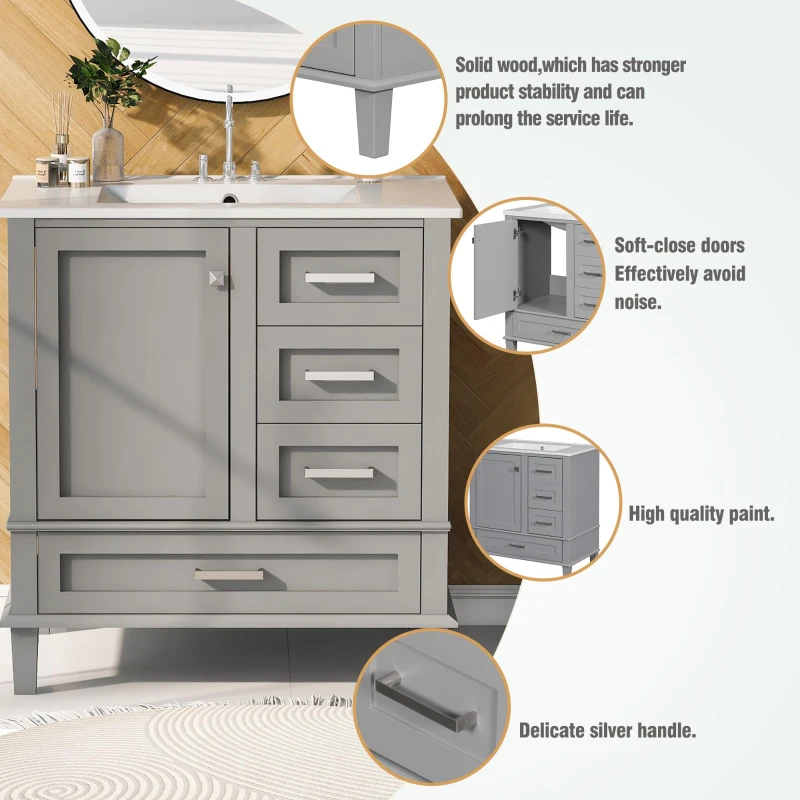 Modern Bathroom Vanity with Sink Combo, Solid Wood Frame, Ample Storage Cabinet with Soft-Close Door, 30" L x 18" W x 34" H, Grey