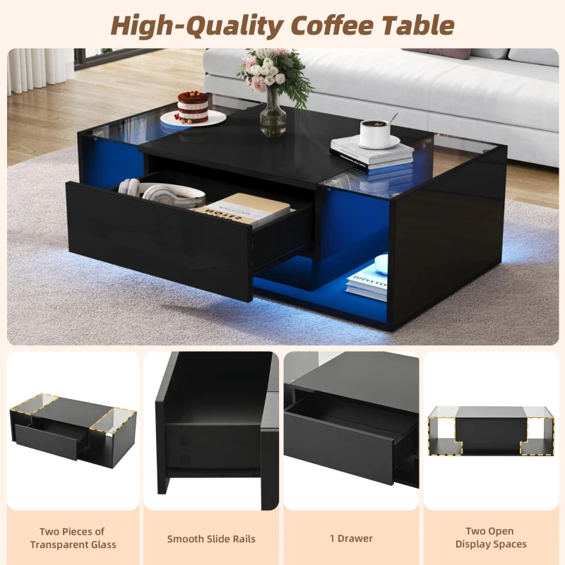 High-Gloss Coffee Table with Tempered Glass Storage, Compact Center Table with Semi-Open Shelf, 39.5″ L x 19.5″ W x 12″ H, Black