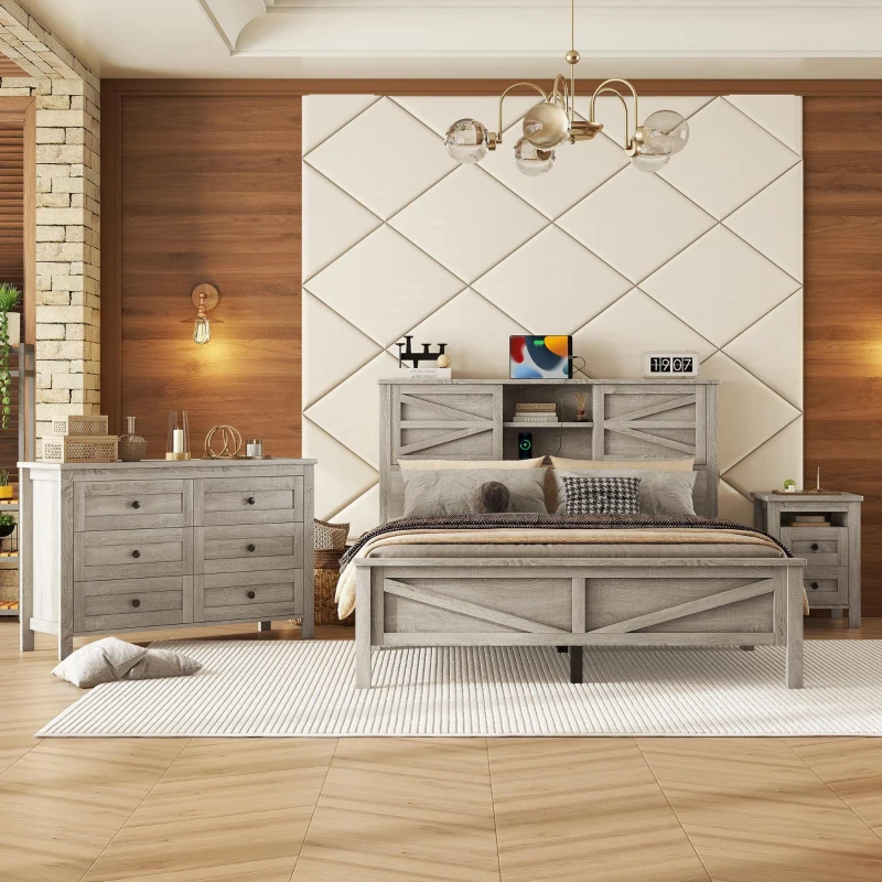3-Piece Queen Bedroom Set with Sliding Door Storage Headboard, Rustic Platform Bed Set with Built-In Socket, 88.5'' L X 62.5'' W X 40.5" H, Antique Gray