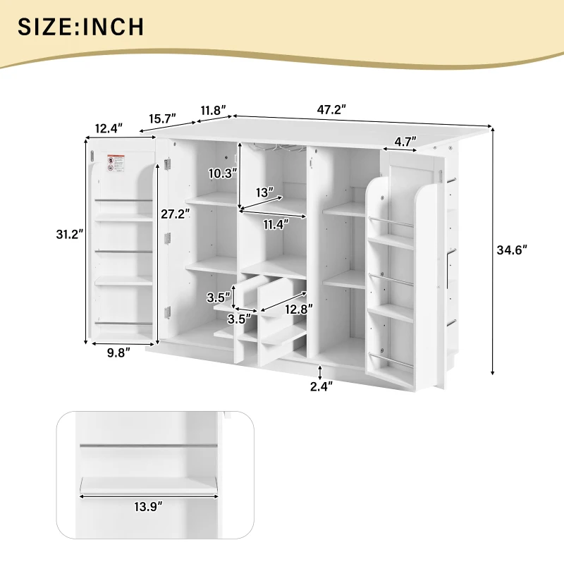 Counter-Height Kitchen Island with Built-In Power Outlet, Versatile Center Island with Wine Stemware Holder, 47" L x 15.5" W x 34.5" H, White