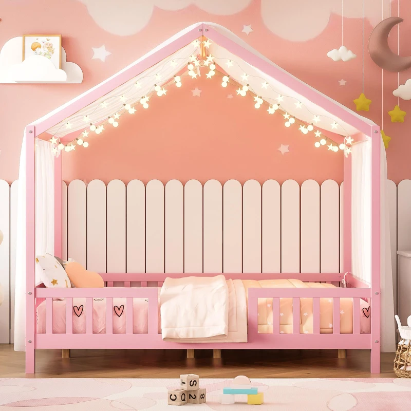 Montessori Full-Size House-Shaped Bed with Lightweight Polyester Canopy, Soft Pink Platform Bed for Child’s Room, 78.5'' L x 56.5'' W x 78'' H, Pink