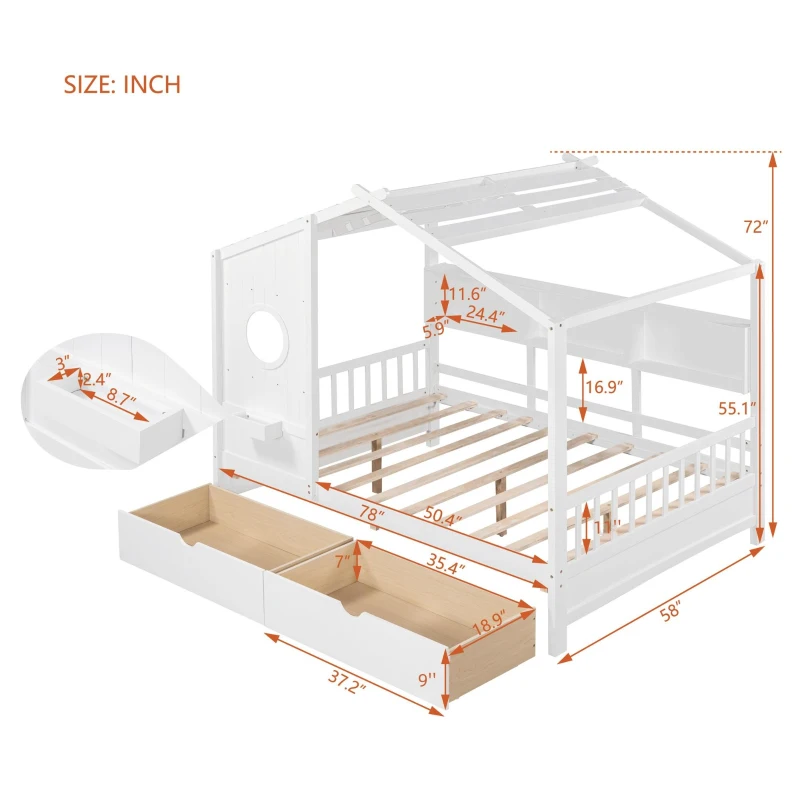 Full Size House Bed with Playful Pitched-Roof and Back Shelf, Wooden House Bed Frame with Sturdy Pine, 78'' L x 58'' W x 72'' H, White