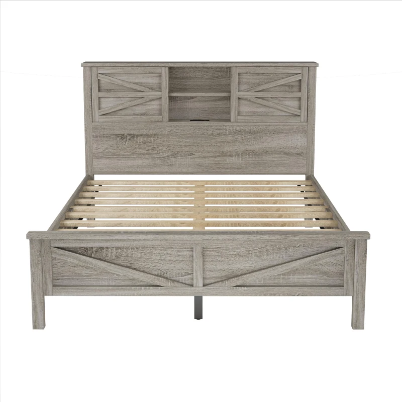 3-Piece Queen Bedroom Set with Sliding Door Storage Headboard, Rustic Platform Bed Set with Built-In Socket, 88.5'' L X 62.5'' W X 40.5" H, Antique Gray