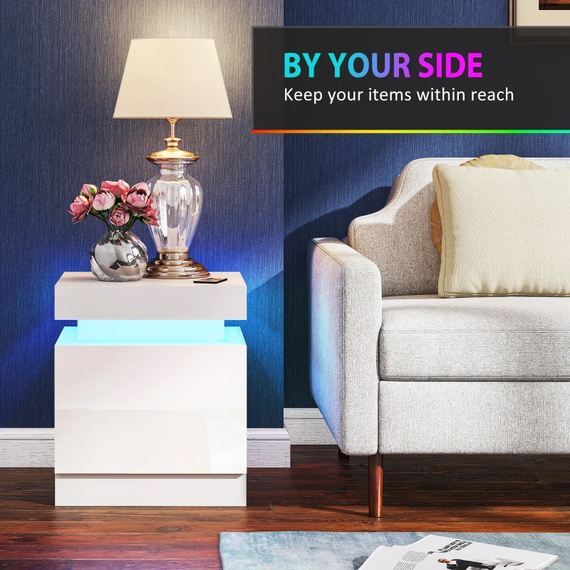 HOMCOM Nightstand Set of 2, End Side Tables with LED Lights, Bedside Tables with 2 Drawers, for Bedroom, White