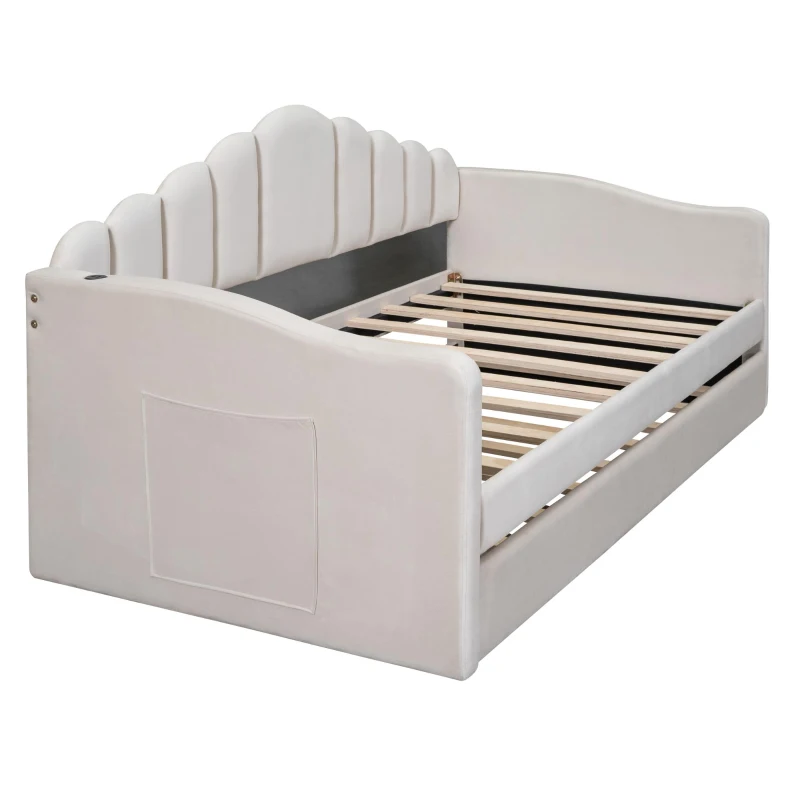 Twin Upholstered Daybed with Trundle and 2 USB Charging Ports, Velvet Sofa Bed with Side Storage Pockets, 80'' L x 42'' W x 40'' H, Beige