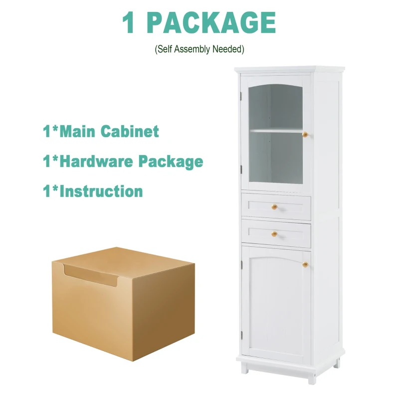 Tall Bathroom Storage Cabinet with Glass Doors, Free-Standing with Adjustable Shelves and Drawers, 18" L x 14" W x 63" H, White