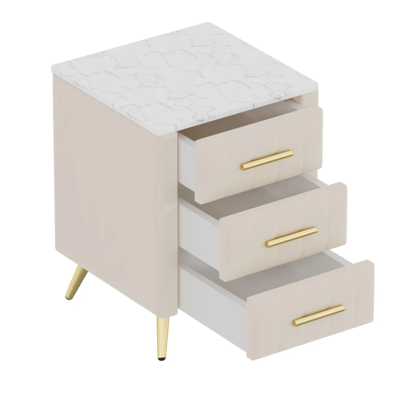 Upholstered Nightstand with 3 Drawers, Marble-Effect Top and Metal Legs, Beige Beside Table with Plywood Frame, 16.5'' L x 16.5'' W x 22'' H, Beige