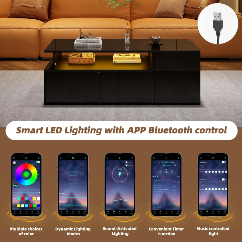 High-Gloss LED Coffee Table with App-Controlled Colour Light Strip, Functional Center Table with Open Storage, 39.5" L x 19.5" W x 13.5" H, Black