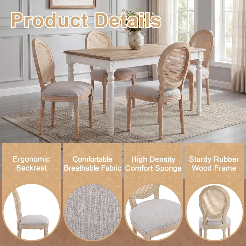 French Country-Inspired Dining Chair Set for 2 with Plush Upholstered Seats, Elegant Side Chair Set with Fluted Legs, 19" L x 22.5" W x 38" H, Beige