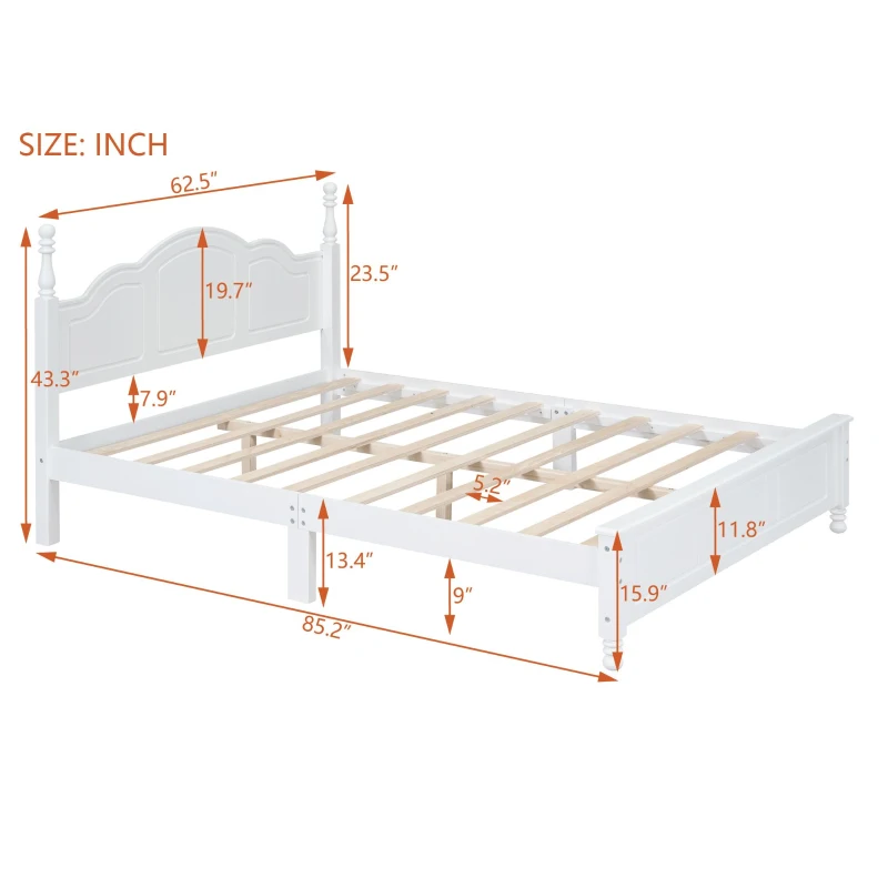 Queen Size Platform Bed with Wooden Slat Support and Solid Pine, Modern Wood Bed Frame with MDF Construction, 85'' L x 62.5'' W x 43.5'' H, White