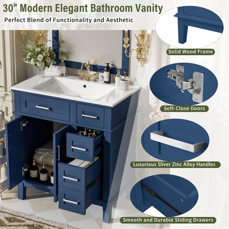 Free-Standing Bathroom Vanity with Ceramic Undermount/Drop-In Sink, Modern Storage Cabinet for Small Condos, 30'' L x 18'' W x 34'' H, Navy Blue