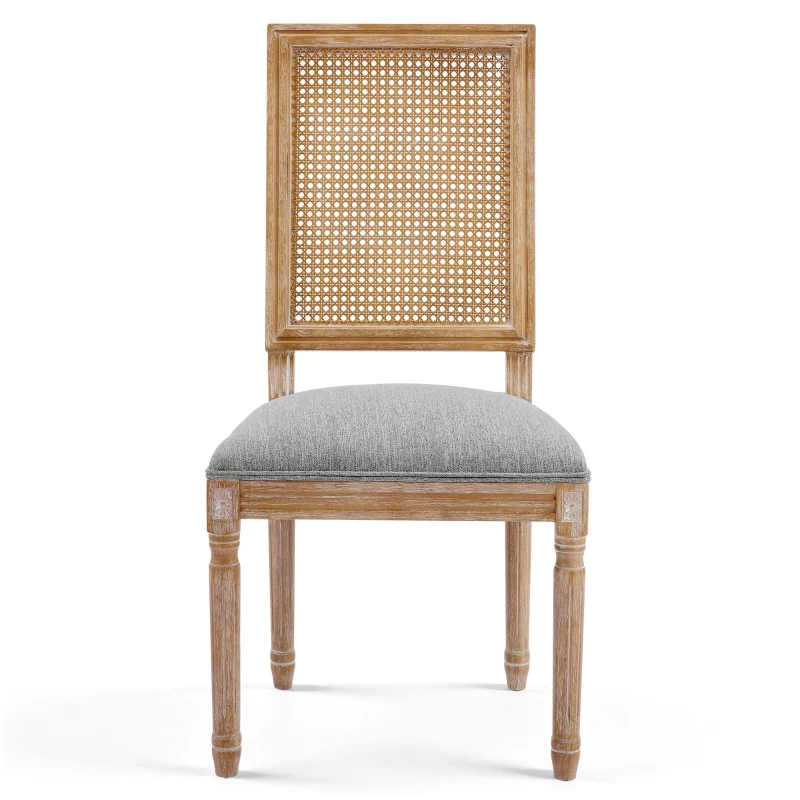 Set of 2 Dining Chairs with Padded Seats and Cane Backrest, Cane Back Dining seating with Rubberwood Frame, 20'' L x 22'' W x 39.5'' H, Grey+Green