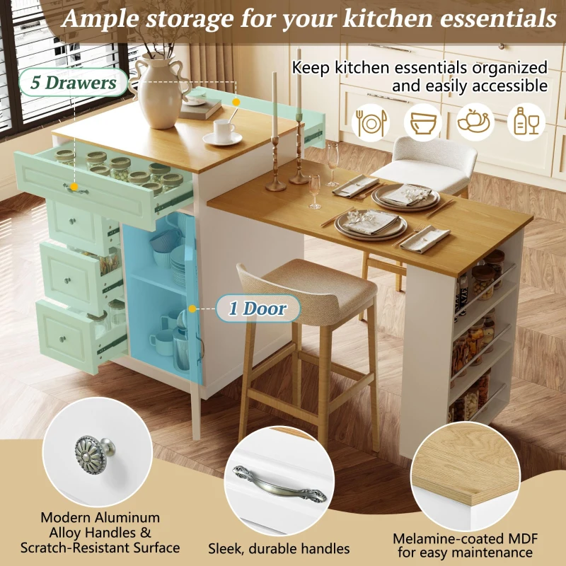 Stylish Mobile Bar Table with Extendable Countertop, Spacious Kitchen Counter with Storage Shelf, 73″ L x 27.5″ W x 41.5″ H, White+Natural