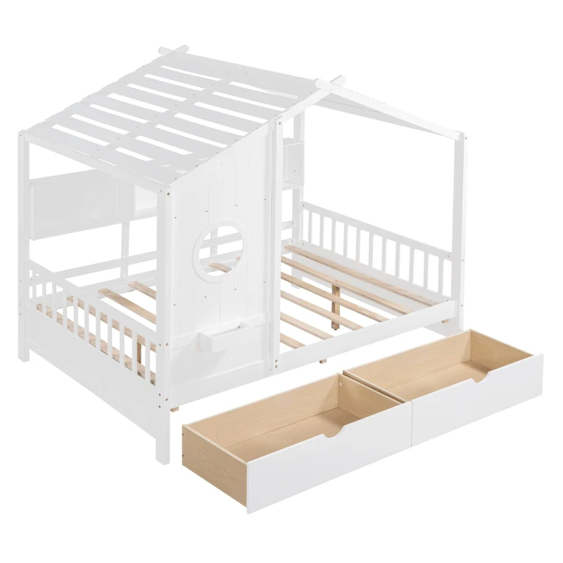 Full Size House Bed with Playful Pitched-Roof and Back Shelf, Wooden House Bed Frame with Sturdy Pine, 78'' L x 58'' W x 72'' H, White