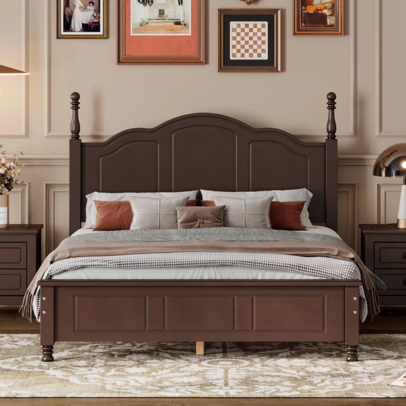 Full Size Wood Platform Bed with Wood-finished Headboard, Dark Walnut Bed Frame with Pine and MDF Construction, 80'' L x 56'' W x 43.5'' H, Walnut