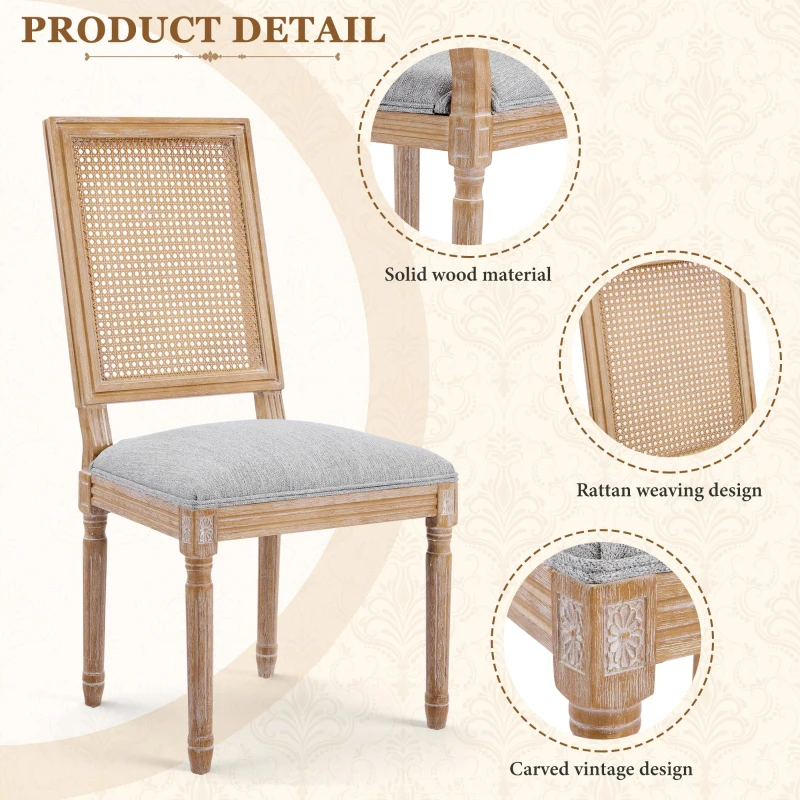 Set for 2 Dining Chair with Rectangular Cane Backrest and Padded Seat, Cane Back Dining Chairs with Fluted Legs, 20'' L x 22'' W x 39.5'' H, Light Grey