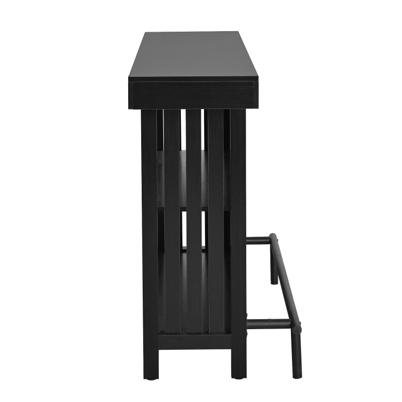 3-In-1 Dining Table with Marble-Grain MDF Top, Space-Saving Bar Table with Metal Footrest, 63" L x 15.5" W x 41" H, Black