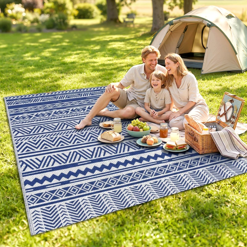 Outsunny Reversible Outdoor Rug, Patio Floor Mat, 6' x 9' Plastic Rug for Backyard, Deck, Beach, Camping, Dark Blue and White
