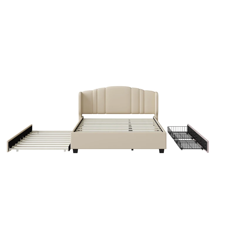 Upholstered Queen Platform Bed with Wingback Headboard and 2 Storage Drawers, Multi-Functional Bed Frame with Wood Slat, 86'' L x 65'' W x 43'' H, Beige