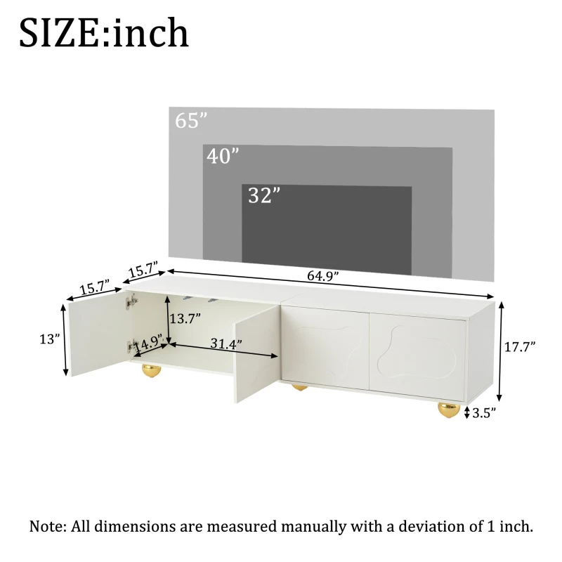 Cloud-Shaped TV Cabinet with 2 Cabinets (4 Doors) and 5 Support Legs, Spacious TV Stand with Ample Storage, 65" L x 15.5" W x 17.5" H, White
