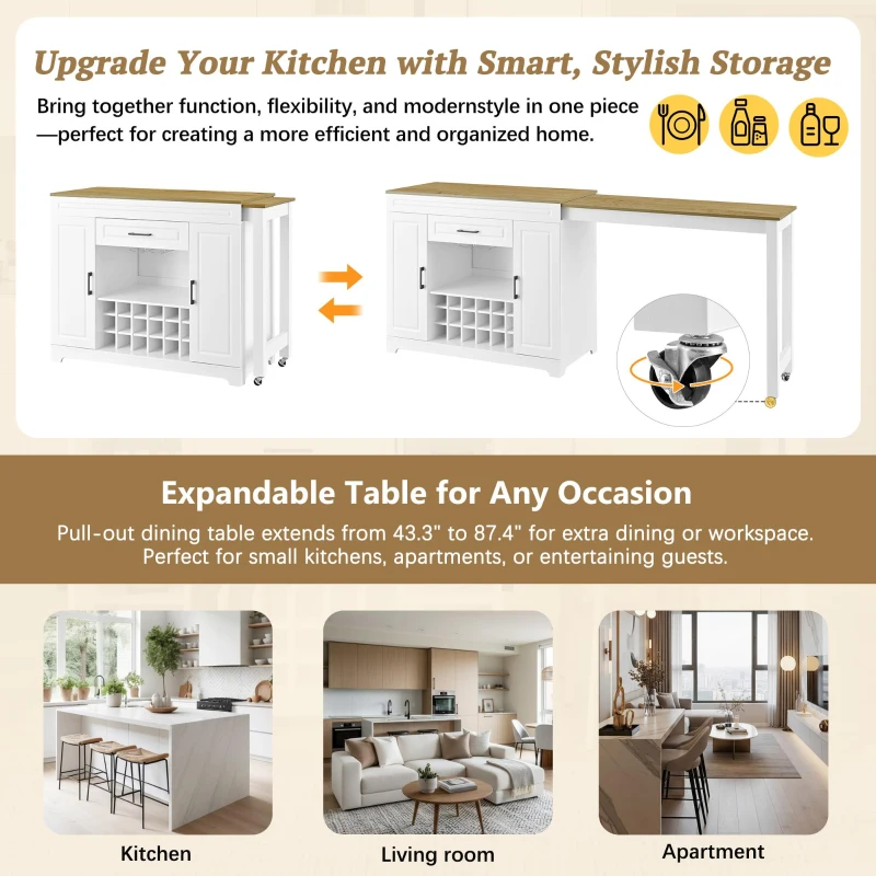 Expandable Bar Table with Adjustable Shelves and Rear Casters, Versatile Kitchen Counter with 2 Doors, 87.5″ L x 19.5″ W x 36″ H, White+Natural