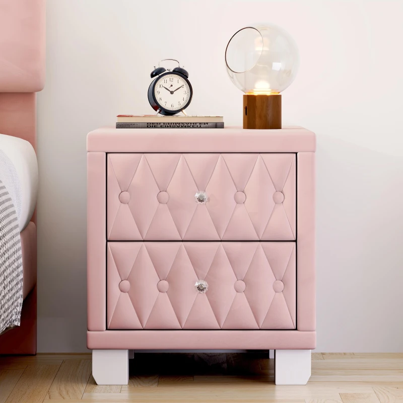Elegant Velvet Nightstand with 2 Drawers and Crystal Handles, Soft Pink Beside Table with MDF and Storage Table, 18'' L x 18'' W x 20'' H, Pink
