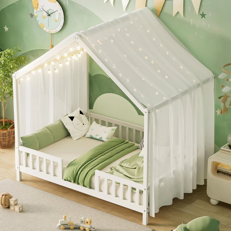 Full-Size Montessori Floor Bed with Canopy and Sturdy Pine, House-Style Platform Bed for Kids' Rooms, 78.5'' L x 56.5'' W x 78'' H, White