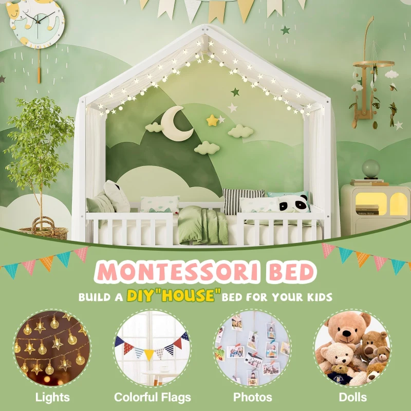 Full-Size Montessori Floor Bed with Canopy and Sturdy Pine, House-Style Platform Bed for Kids' Rooms, 78.5'' L x 56.5'' W x 78'' H, White