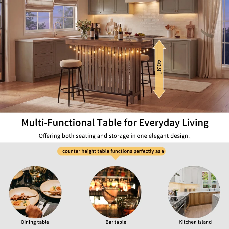 3-In-1 Dining Table with Marble-Grain MDF Top, Space-Saving Bar Table with Metal Footrest, 63" L x 15.5" W x 41" H, Grey