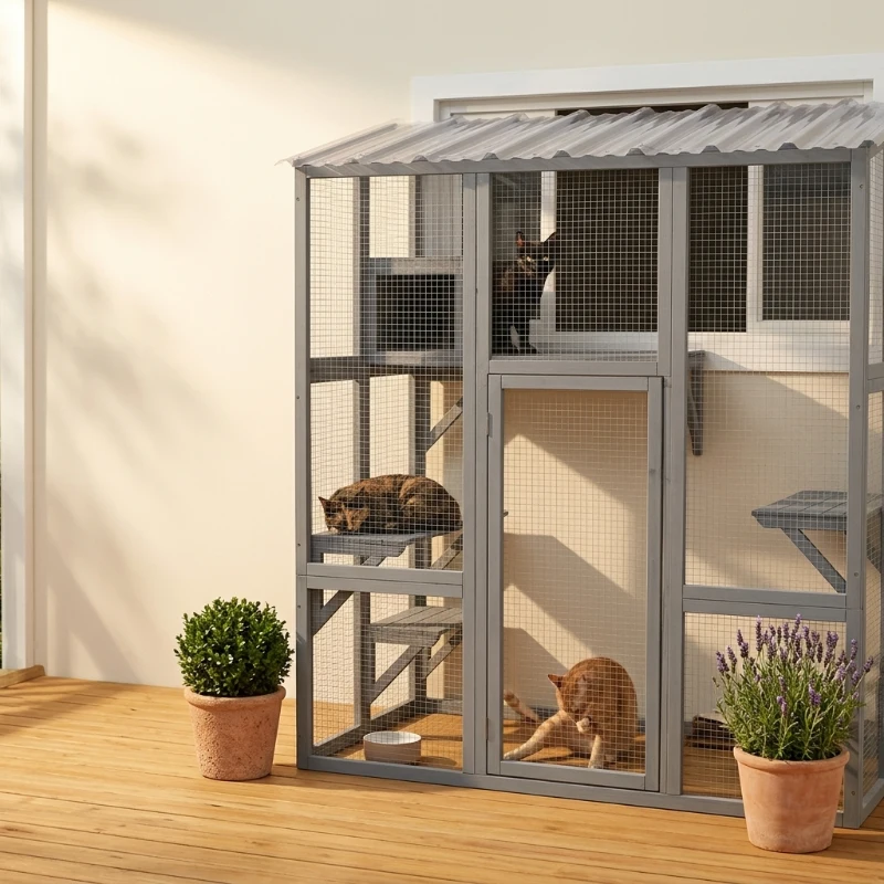 PawHut Catio Outdoor Cat Enclosure, Window Box Wooden Cat House with Bridge Platforms, Gray