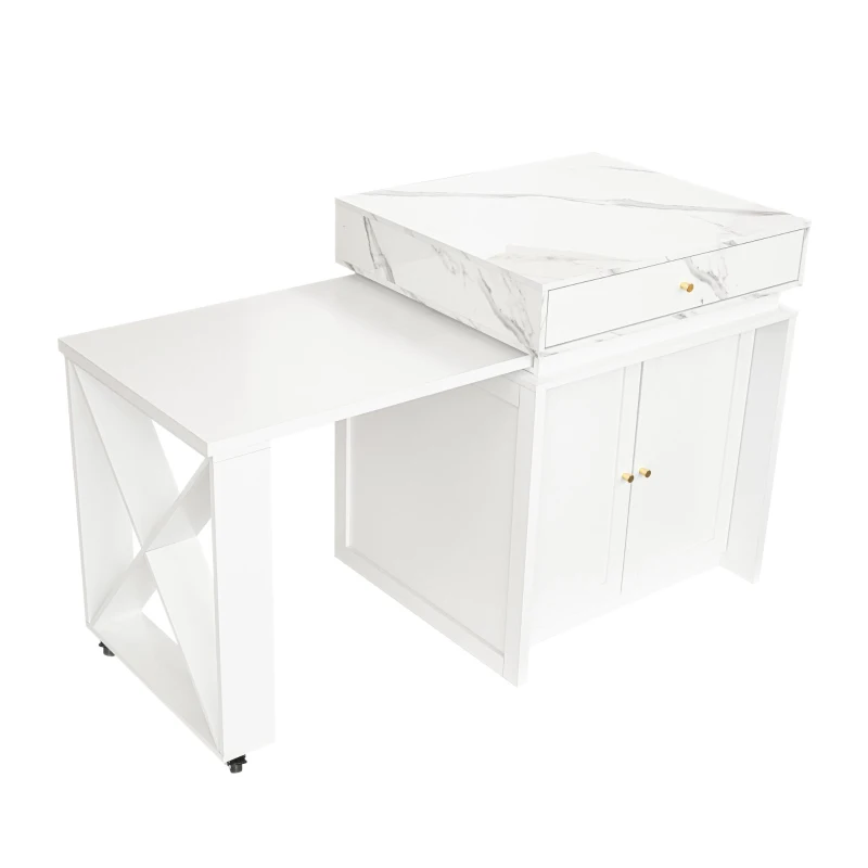 Modern Bar Table with 4-in-1 Extendable Pull-Out Table and Lockable Wheels, Kitchen Island with Adjustable Shelf, 82.5" L x 32.5" W x 28" H, White
