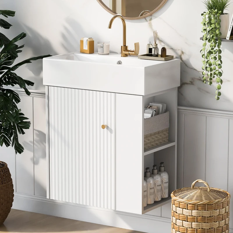 Modern Floating Bathroom Vanity with Ceramic Basin and Right Side Storage, Cabinet with Rose Gold Handle, 21.5" L x 12" W x 26.5" H, White